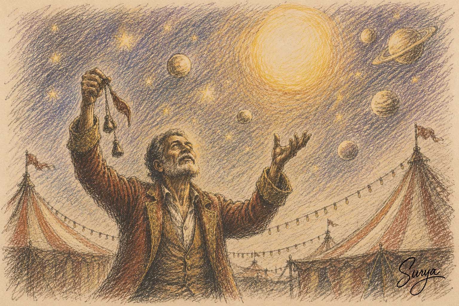 AI illustration by Surya for the Malayalam poem Akasatthile Sarkkasukaran by Sandhya E