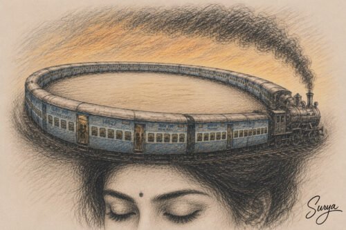 AI illustration by Surya for the Malayalam poem Thee Vandi by Stella Mathew