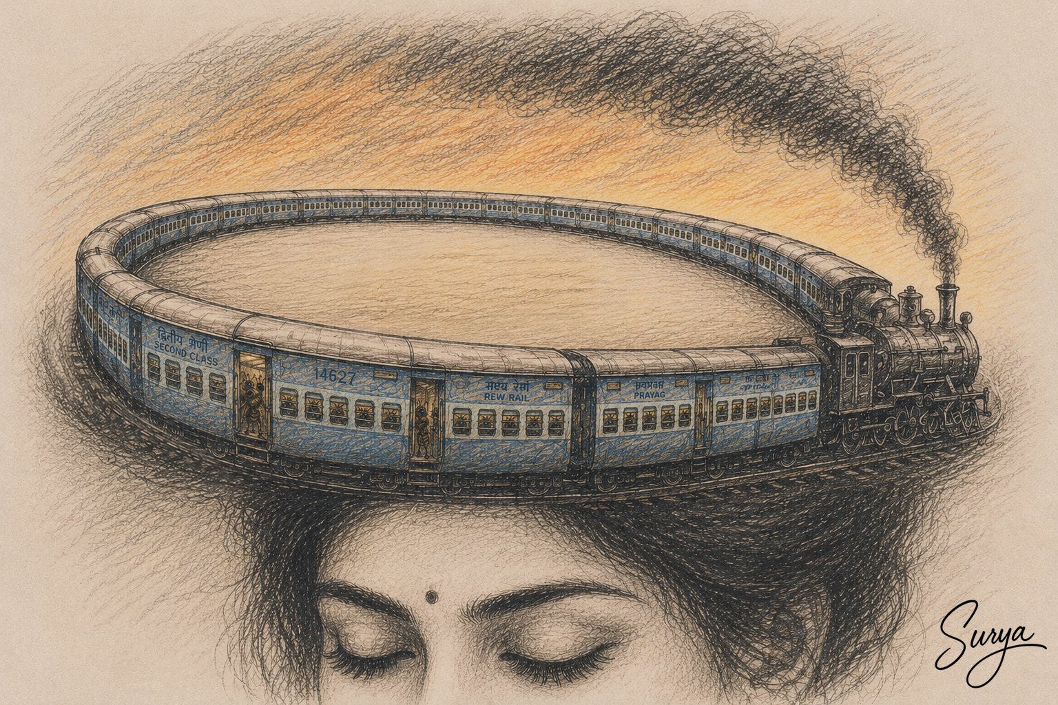 AI illustration by Surya for the Malayalam poem Thee Vandi by Stella Mathew