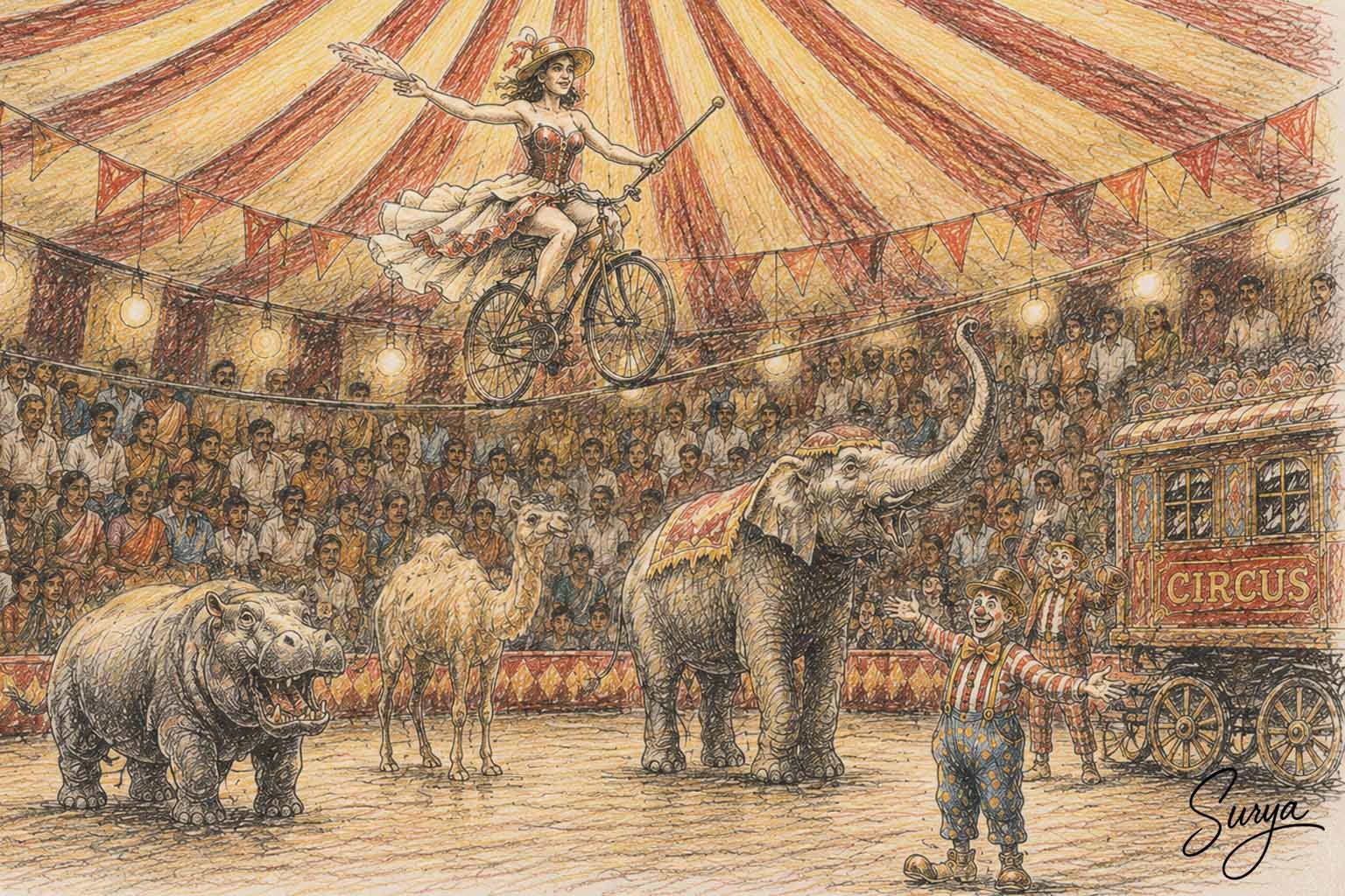 AI illustration by Surya for the Malayalam translation Great Indian Circus of Thamizhachi Thangapandian Tamil Poem by Dr. T.M. Raghuram