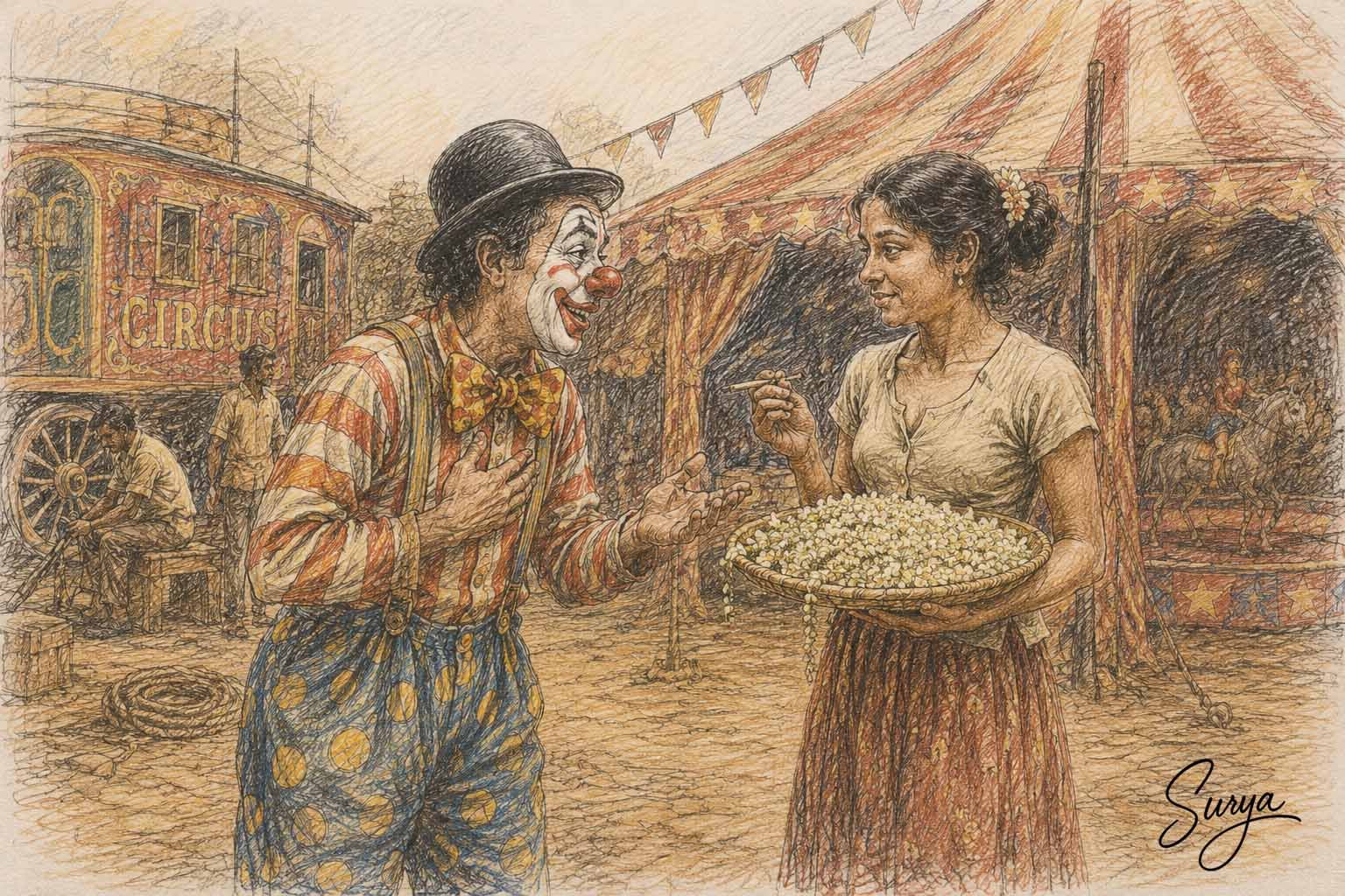 AI illustration by Surya for the Tamil poem Great Indian Circus by Thamizhachi Thangapandian