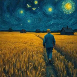 Vincent Van Gogh walks at Wheat field