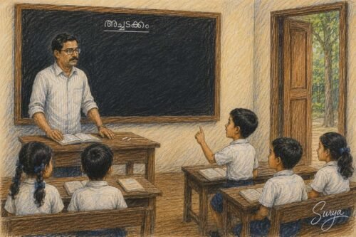AI illustration by Surya for the Malayalam satire shortstory Achhadakkam by Sathish Kalathil