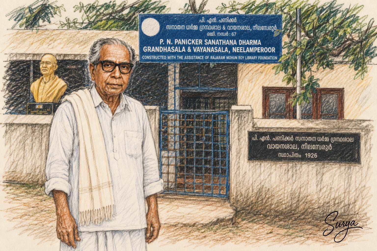 AI illustration of P. N. Panicker with Sanathana Dharma Grandhasala and Vayanasala at Neelamperoor by Surya
