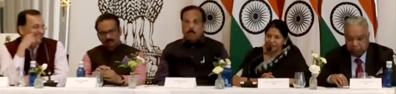 Kanimozhi Karunanidhi and all-party delegation addressing the Indian diaspora in Spain