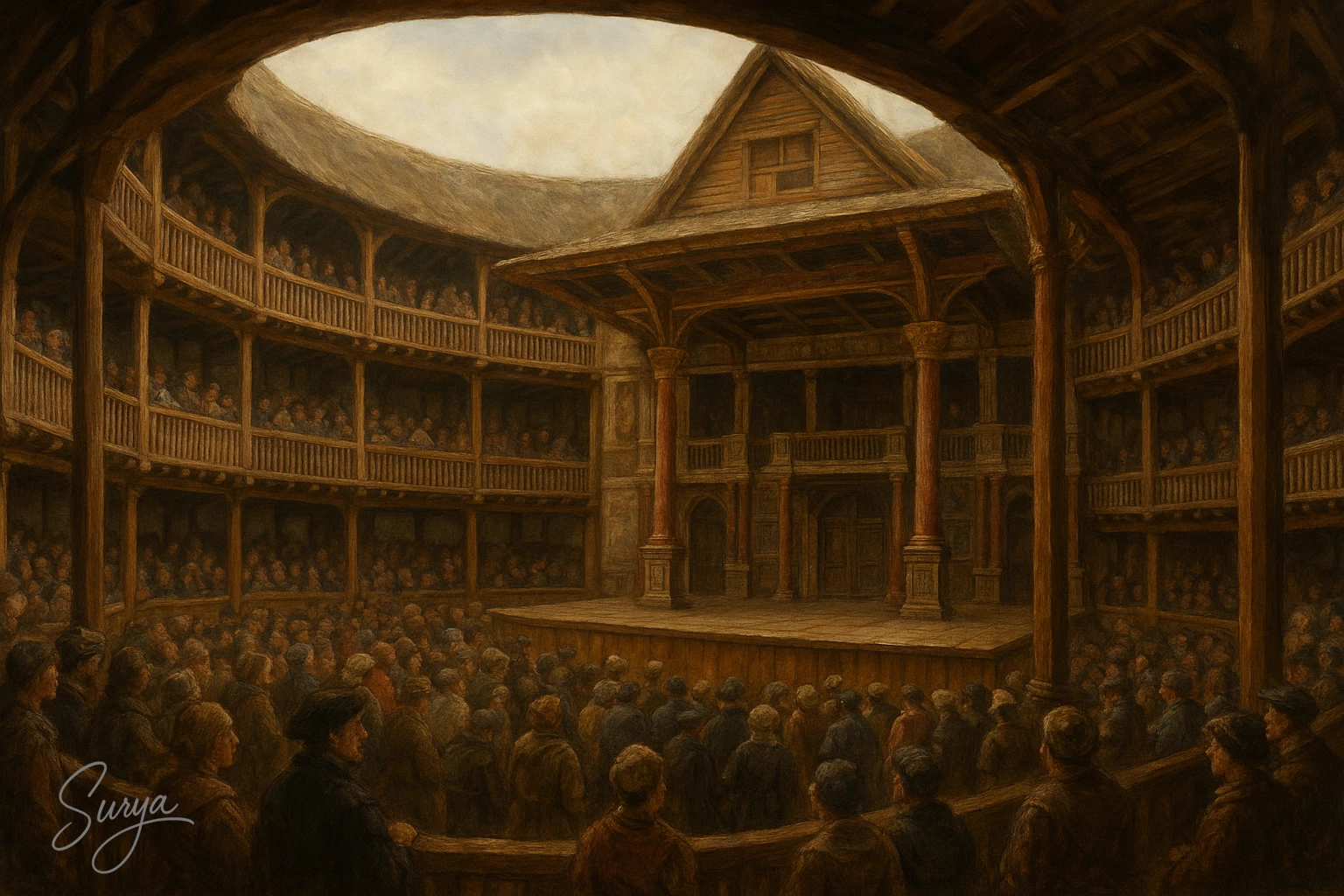 Illustration of Shakespeare Globe Theatre inside by Surya through AI.