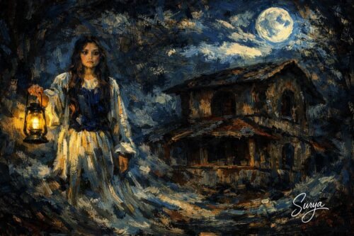 AI illustrated cover image by Surya for the Malayalam horror story The Lantern by Fazina Kunnath