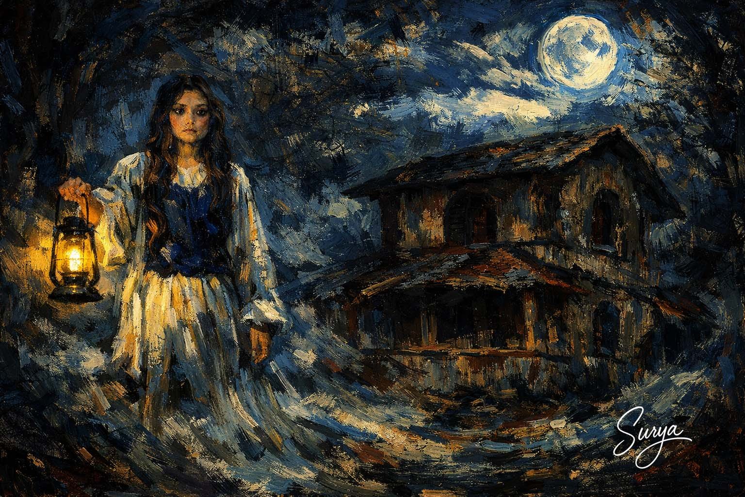 AI illustrated cover image by Surya for the Malayalam horror story The Lantern by Fazina Kunnath