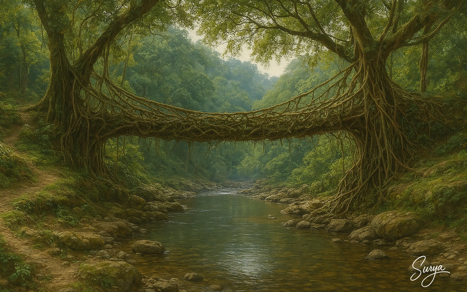 AI illustration of a Living root bridge by Surya