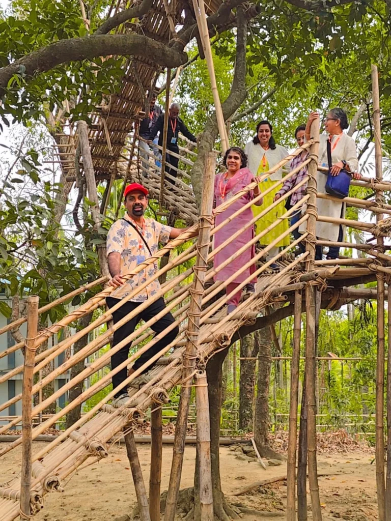 Kalika and team in the Bamboo staircase at Mawlynnong in Meghalaya
