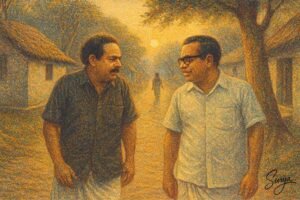 Malayattoor Ramakrishnan and Vayalar Ramavarmma walks at Cherthala-AI illustration by Surya