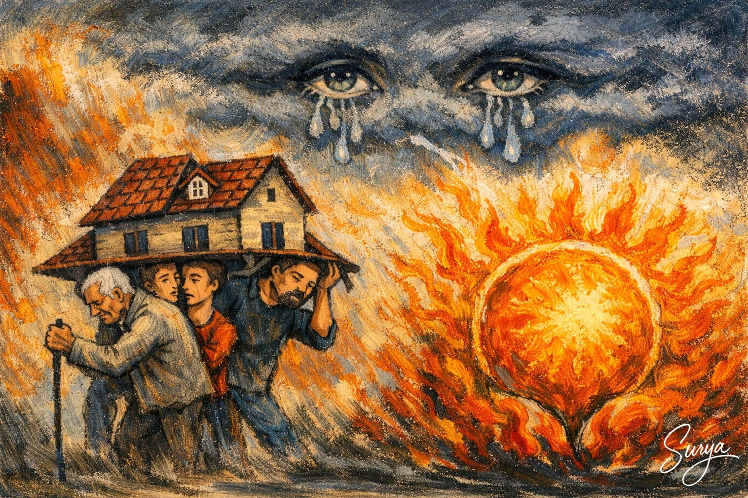 AI illustration by Surya for the Malayalam poem Melkkoorayude Bharam by Saneesh Sajeeb