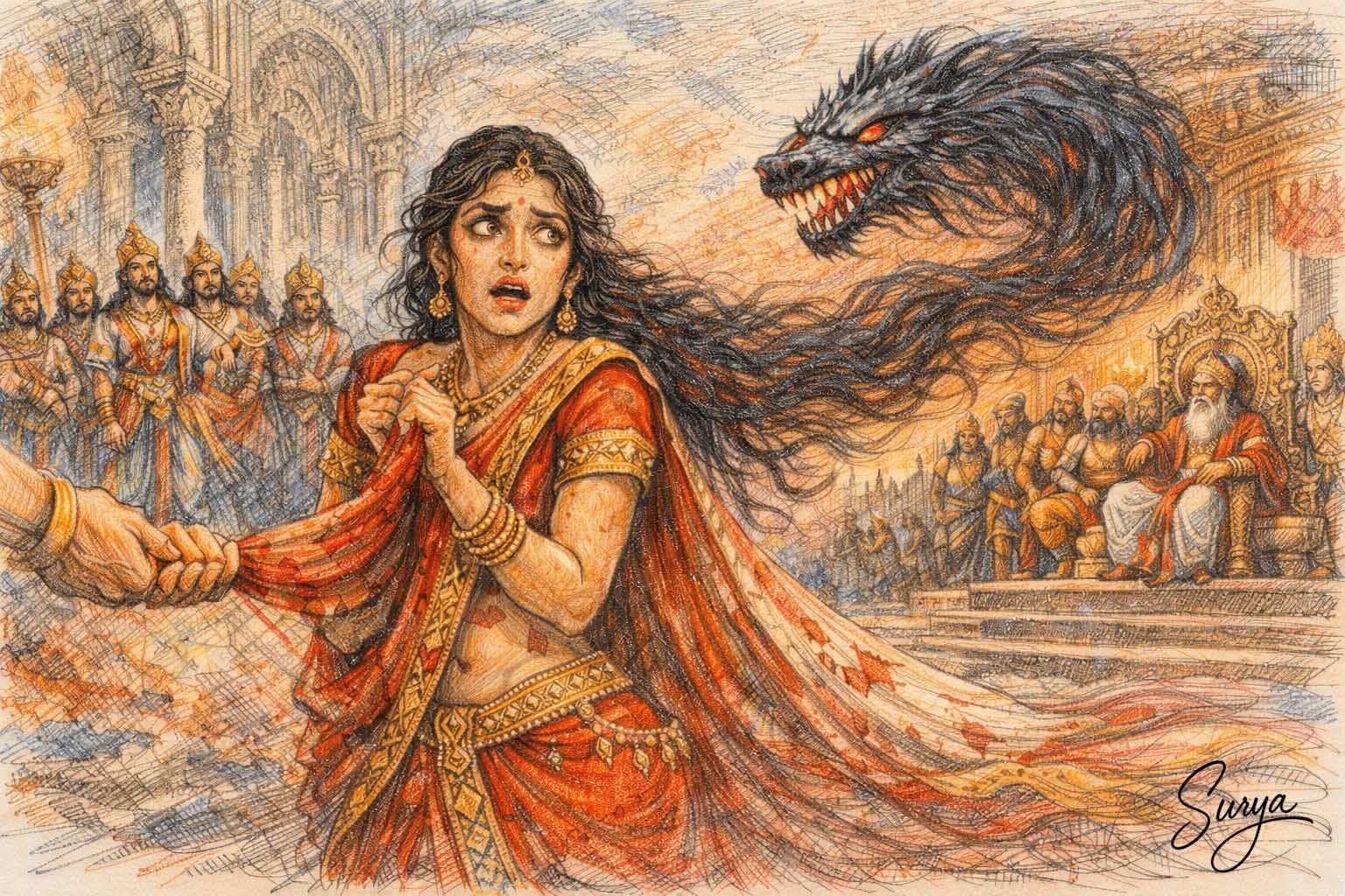 AI illustration by Surya for the English Translation poem Dont Plait Your Hair- Yagnasheni-Assamese poem of Karabi Deka Hazarika written by Ananda Bormudoi