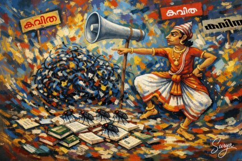 AI illustration by Surya for Oru Thullal Kavitha-Malayalam satire poem by Sathish Kalathil