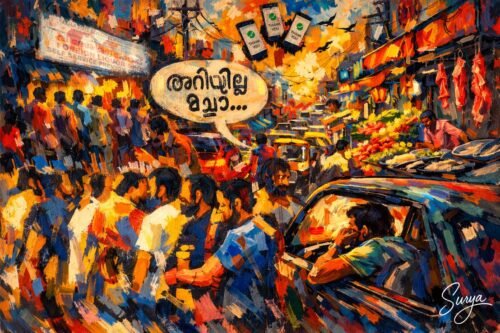 AI illustration by Surya for the Malayalam shortstory Pinnamburam by Muhammad Thevarkandy