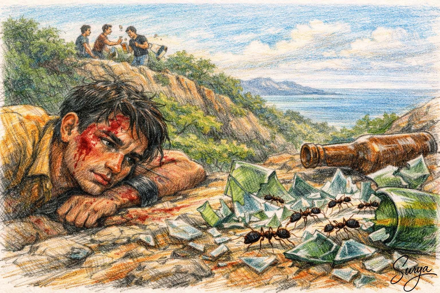 AI illustration by Surya for the Malayalam story Athijeevanathinte Adrishya Lipi by Ashraf Kalathode