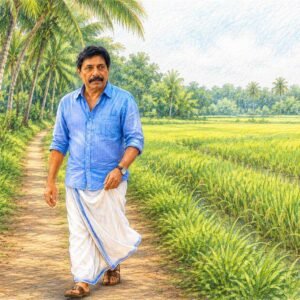AI illustration of Malayalam actor Sreenivasan by Surya for the Malayalam Memoir written by Surab