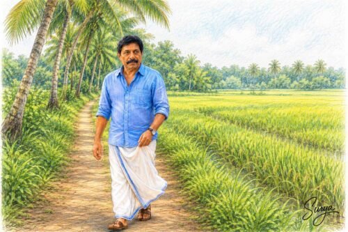AI illustration of Malayalam actor Sreenivasan by Surya for the Malayalam Memoir written by Surab