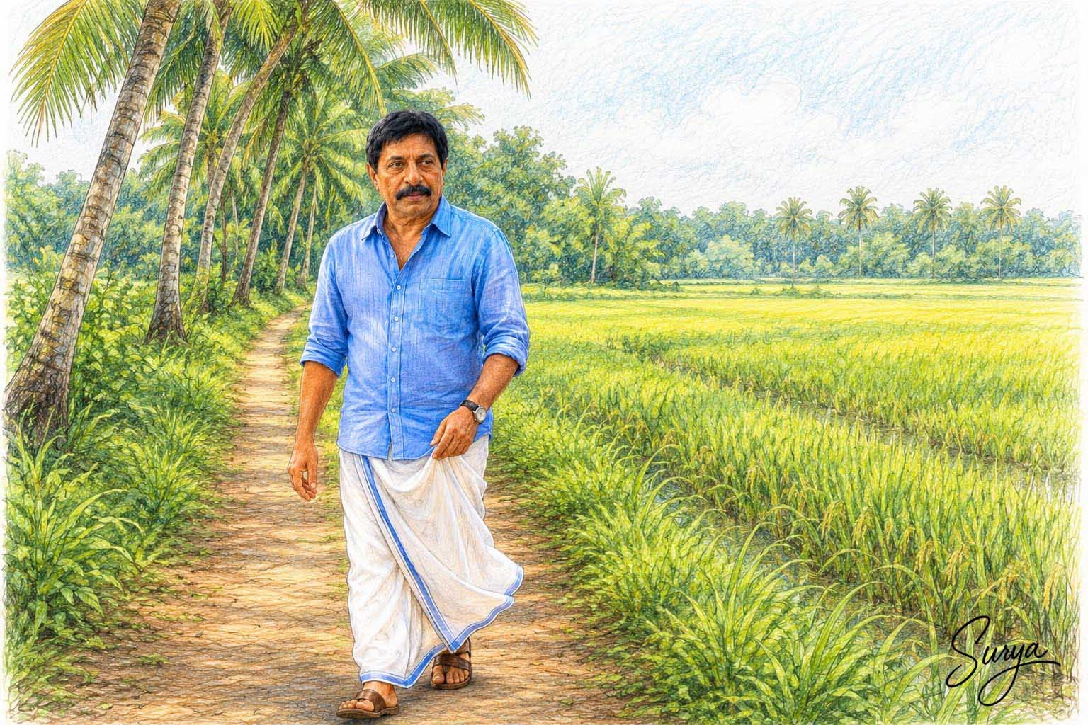 AI illustration of Malayalam actor Sreenivasan by Surya for the Malayalam Memoir written by Surab