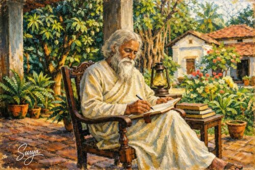 AI illustration of Rabindranath Tagore writing by Surya