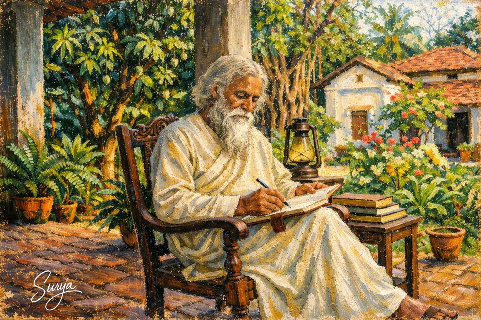 AI illustration of Rabindranath Tagore writing by Surya