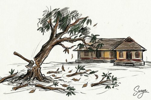 AI illustration by Surya for the Malayalam poem Veettuparisaratthe Aaka Mavu by Azeem Thannimoodu