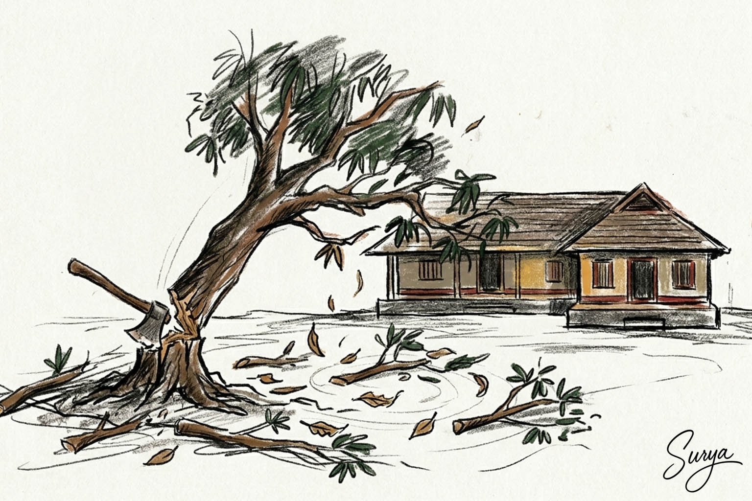 AI illustration by Surya for the Malayalam poem Veettuparisaratthe Aaka Mavu by Azeem Thannimoodu