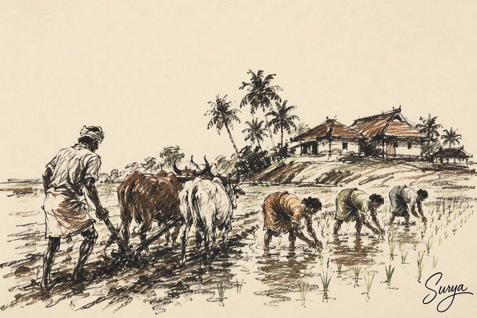 AI illustration by Surya for the Malayalam translation poem of Purathana Kadakkaar by Sathish Kalathil for the English poem The Ancient Debtors by ChatGPT