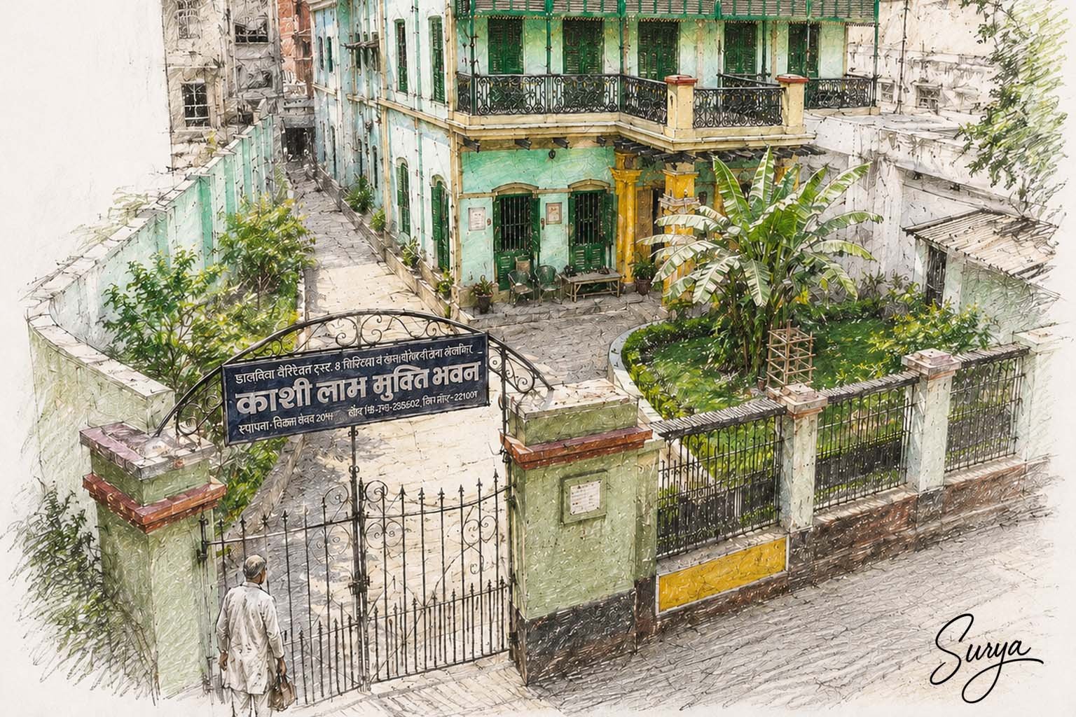 AI illustration of Varanasi Kashi Mukthi Bhavan Hotel by Surya