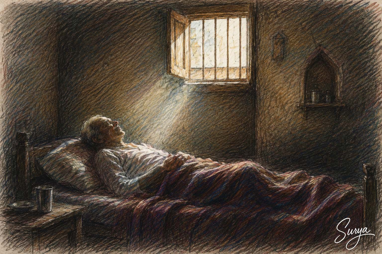 AI illustration of a man at Varanasi Kashi Mukthi Bhavan Hotel by Surya