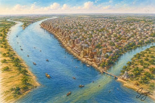 AI illustration of a sky view of Varanasi by Surya