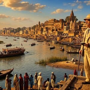 Mark Twain at Benaras-AI illustration by Surya for the travelogue Following the Equator by Mark Twain