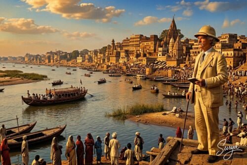 Mark Twain at Benaras-AI illustration by Surya for the travelogue Following the Equator by Mark Twain