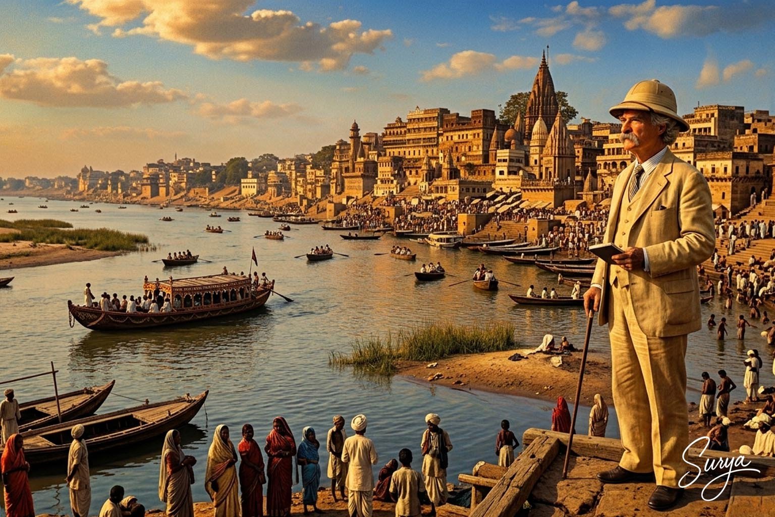 Mark Twain at Benaras-AI illustration by Surya for the travelogue Following the Equator by Mark Twain