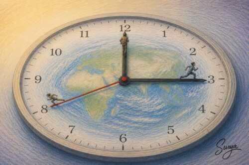 AI illustration by Surya for the Malayalam poem Ghadikaram by Iham Panayi