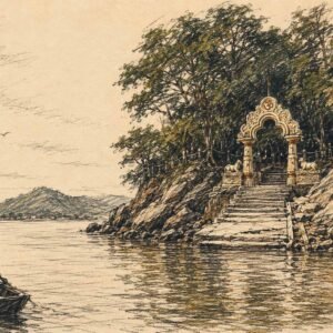 AI illustration of Peacock Island by Surya for the Assam Meghalaya travelogue last part by Kalika