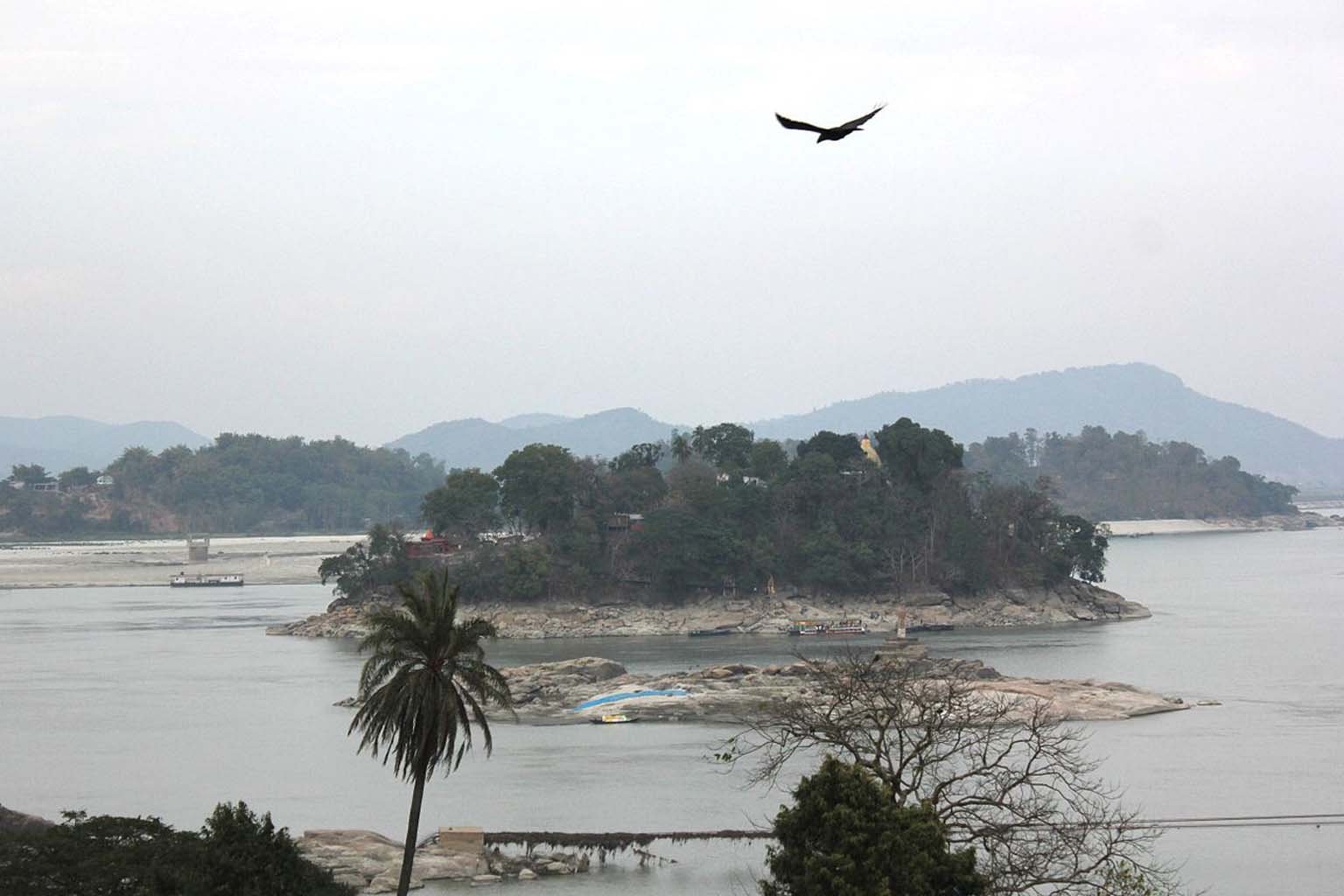 Sky view of Umananda Temple at Peacock Island in Brahmaputra