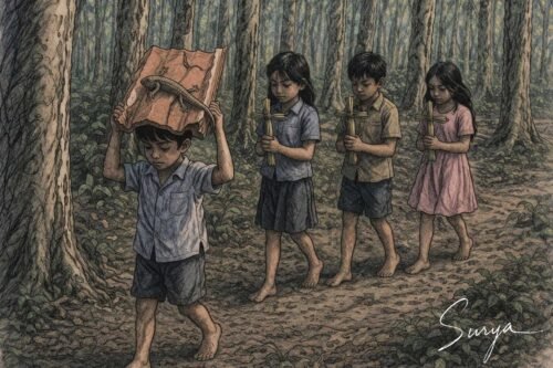 AI illustration by Surya for the Malayalam Translation by Konnamood Viju for the Tamil poem Rubber Kadu by Soumya