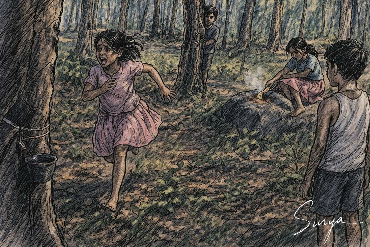 AI illustration by Surya for the Tamil poem Rubber Kadu by Soumya