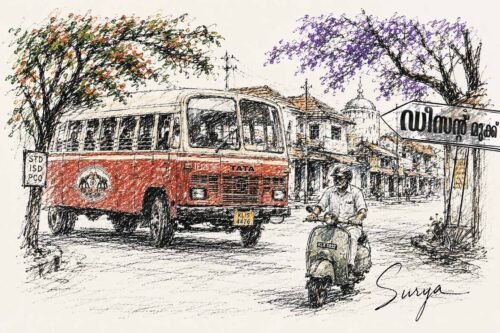 AI illustration by Surya for Descent Mukku Malayalam poem by Jayasree Pallikkal-Onam 2026