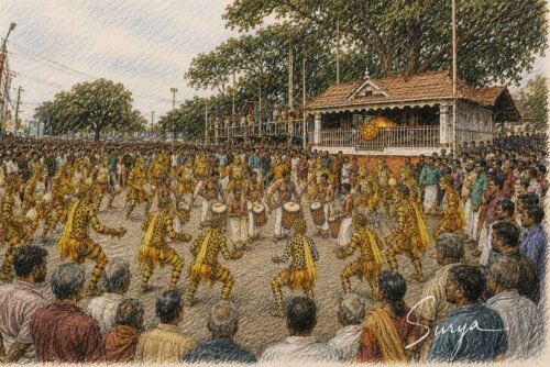 AI illustration by Surya for the Malayalam article about the history of Pulikkali-Tiger play by Sathish Kalathil
