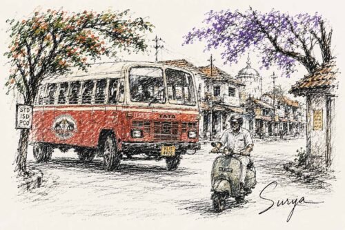 AI illustration by Surya for the Malayalam poem Descent Mukku by Jayasree Pallikkal-Onam 2026