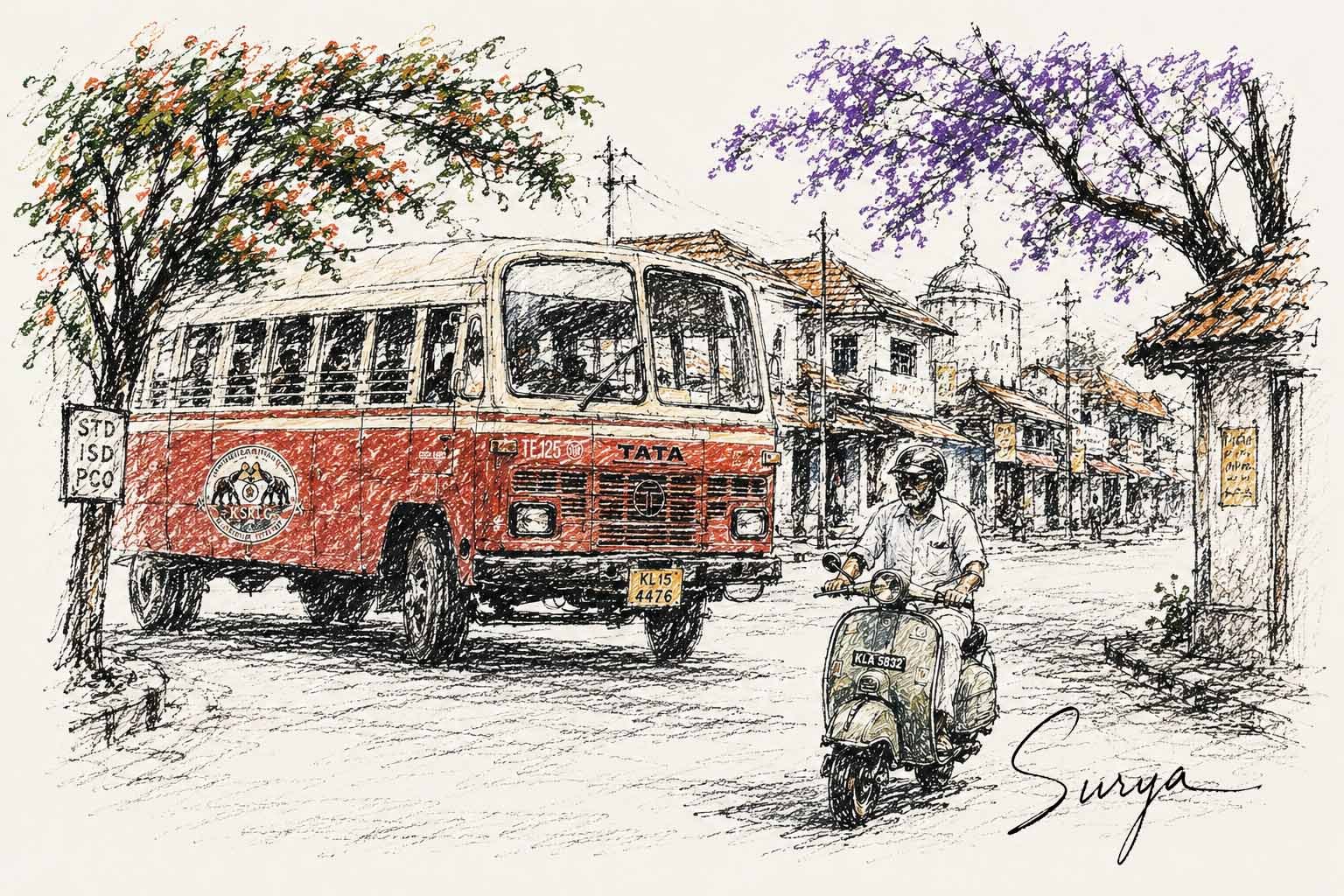 AI illustration by Surya for the Malayalam poem Descent Mukku by Jayasree Pallikkal-Onam 2026