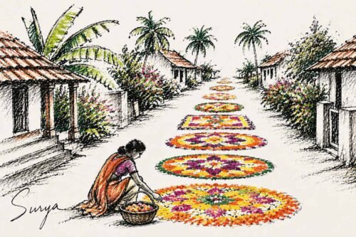 AI illustration by Surya for the Malayalam poem about Onam- Porunnokkoode Pookkalam Kandunadakkan by Sathish Kalathil