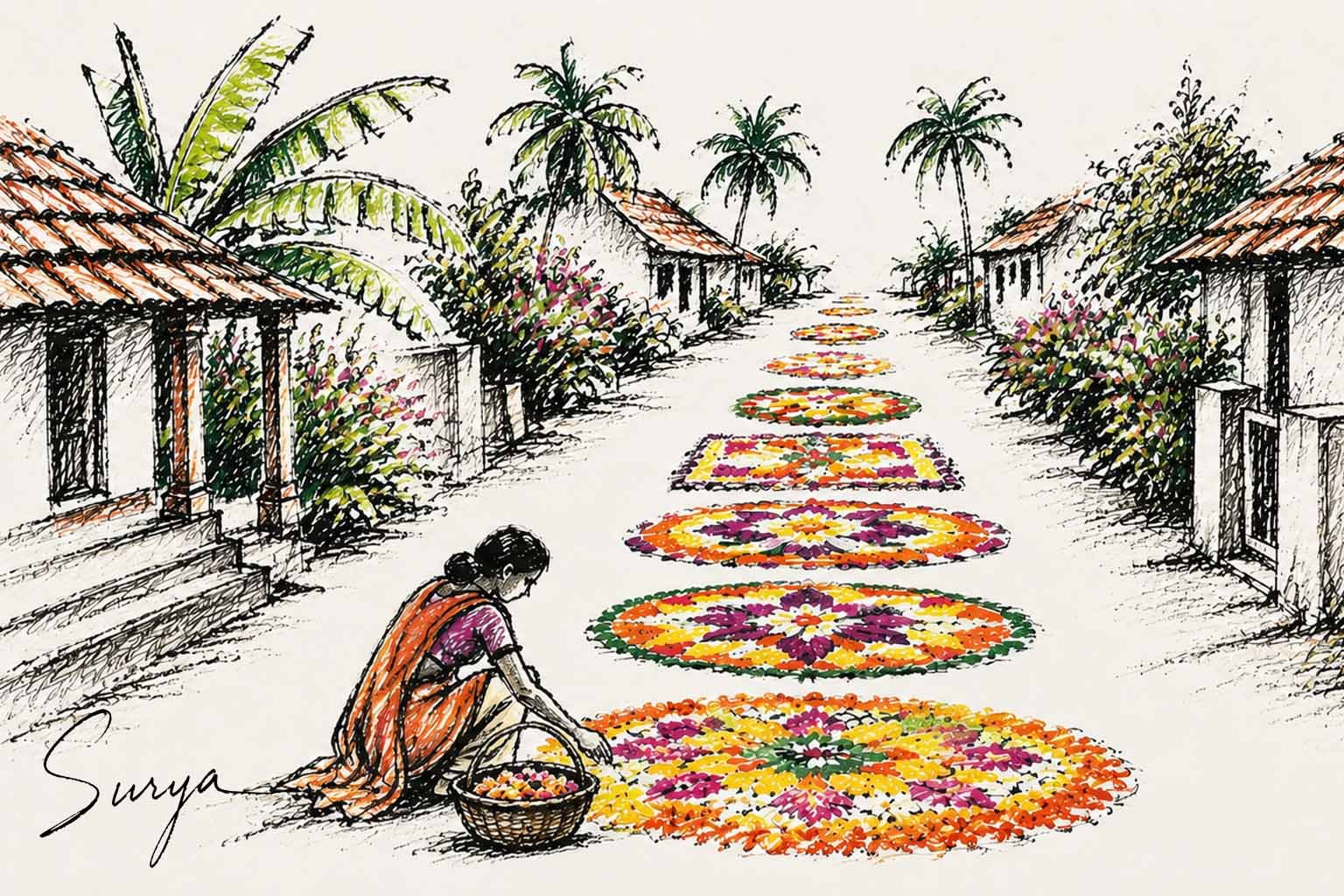 AI illustration by Surya for the Malayalam poem about Onam- Porunnokkoode Pookkalam Kandunadakkan by Sathish Kalathil