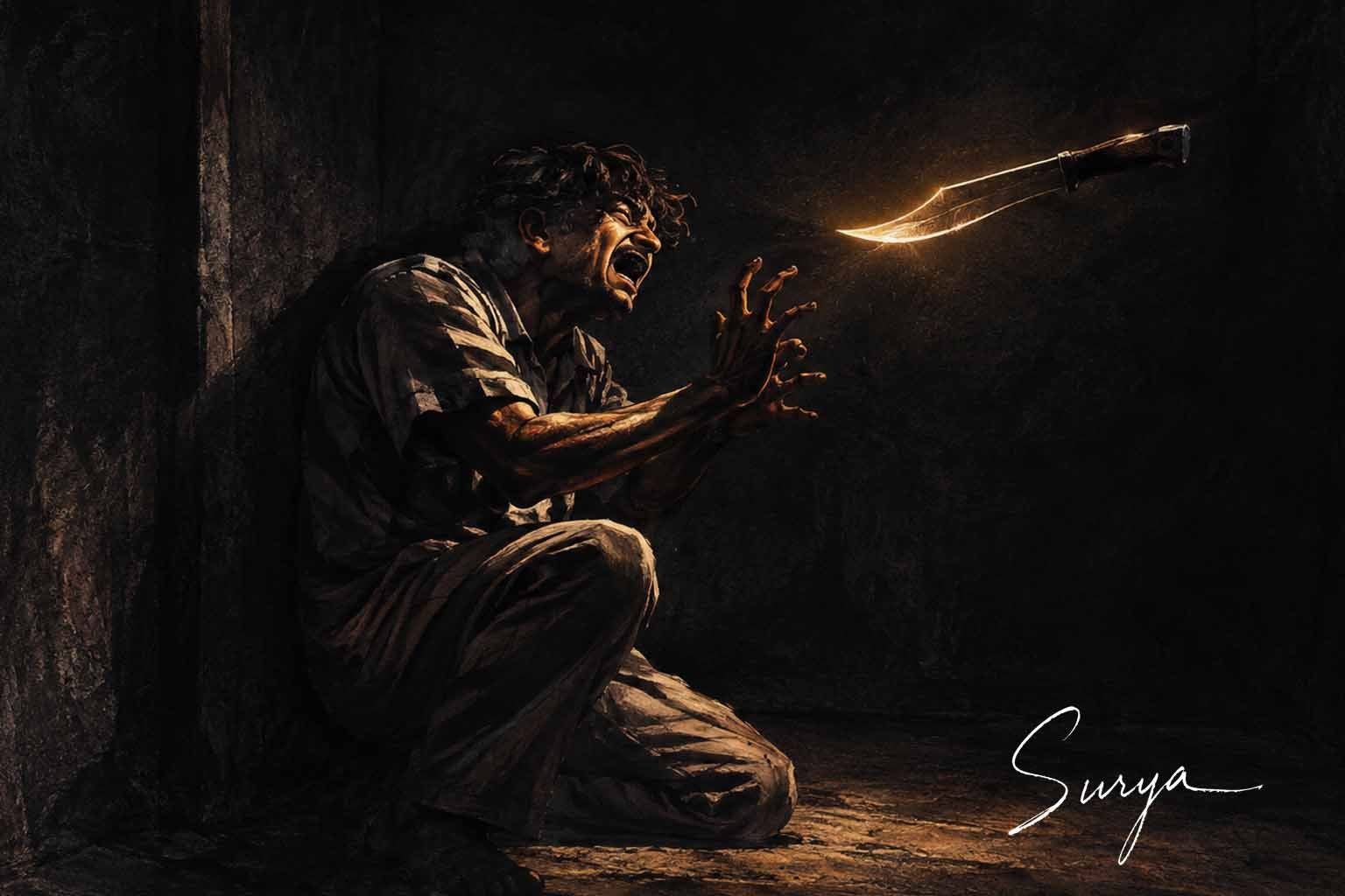 AI illustration by Surya for the Malayalam story Nizhalyuddham by Ashraf Kalathode