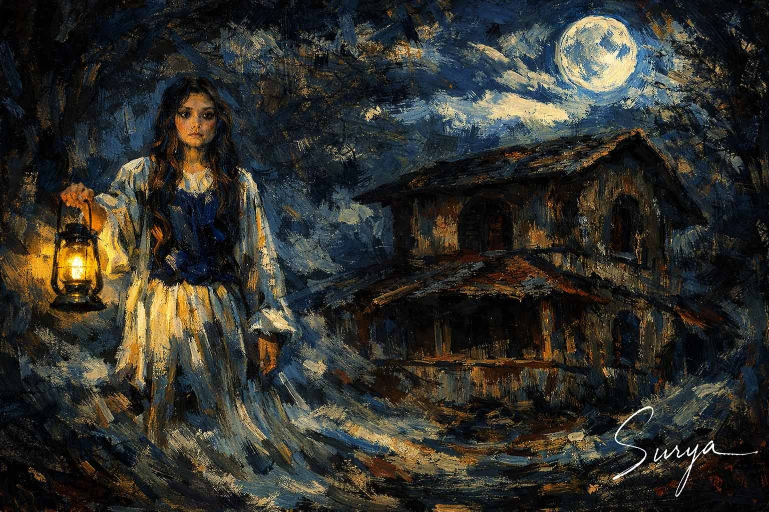 AI illustrated cover image of Malayalam horror story The Lantern by Surya