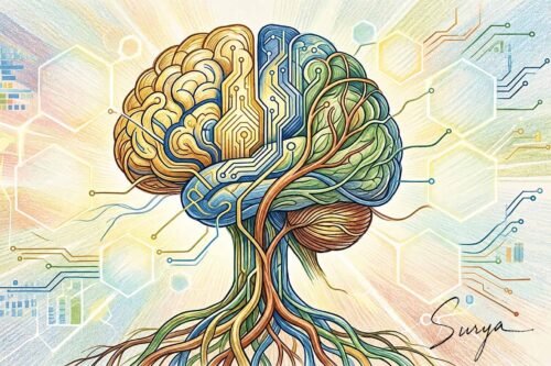 AI illustration by Surya for the Malayalam article AI and the Future of Work by A. K. Sabin Lal