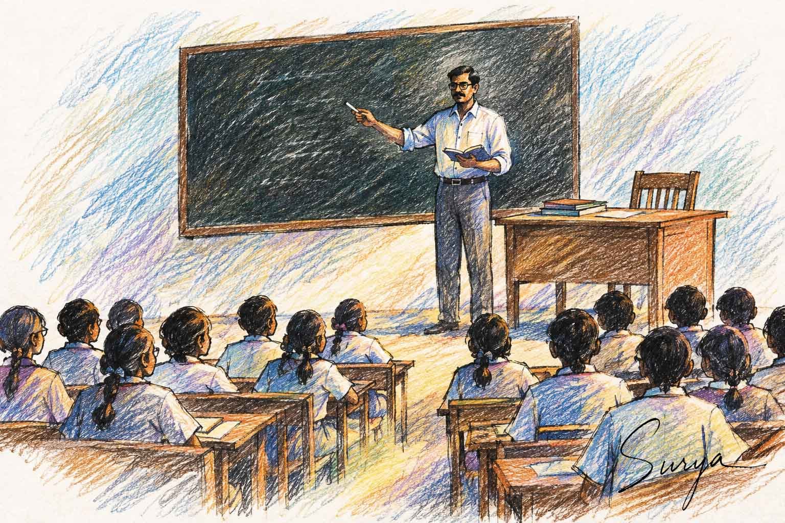 അധ്യാപകൻ: തലമുറകളുടെ ശില്പി/വി. രാജേഷ് മോഹൻ റാവു എഴുതിയ ലോക അധ്യാപകദിന ലേഖനം 2 AI illustration by Surya for the Malayalam article The Teacher The Sculptor of Generations by V. Rajesh Mohan