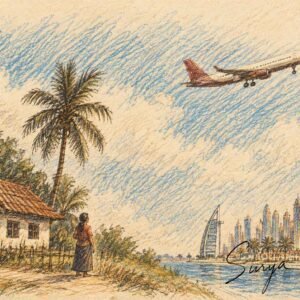 AI illustration by Surya for the Malayalam short article Pravasam Enna Loop by Vaisakh Triprayar